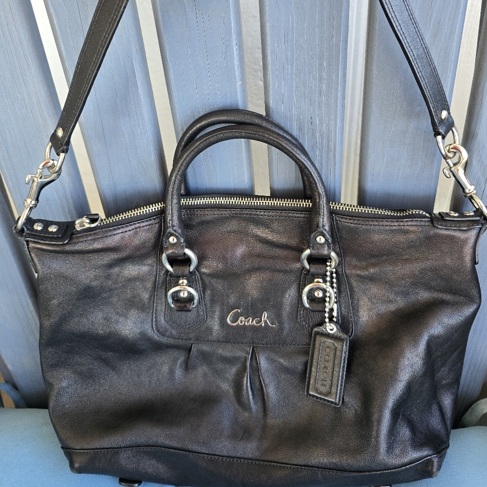 Coach Ashley Black Leather Satchel Shoulder Bag Great Condition Purple Lining - Picture 2 of 15